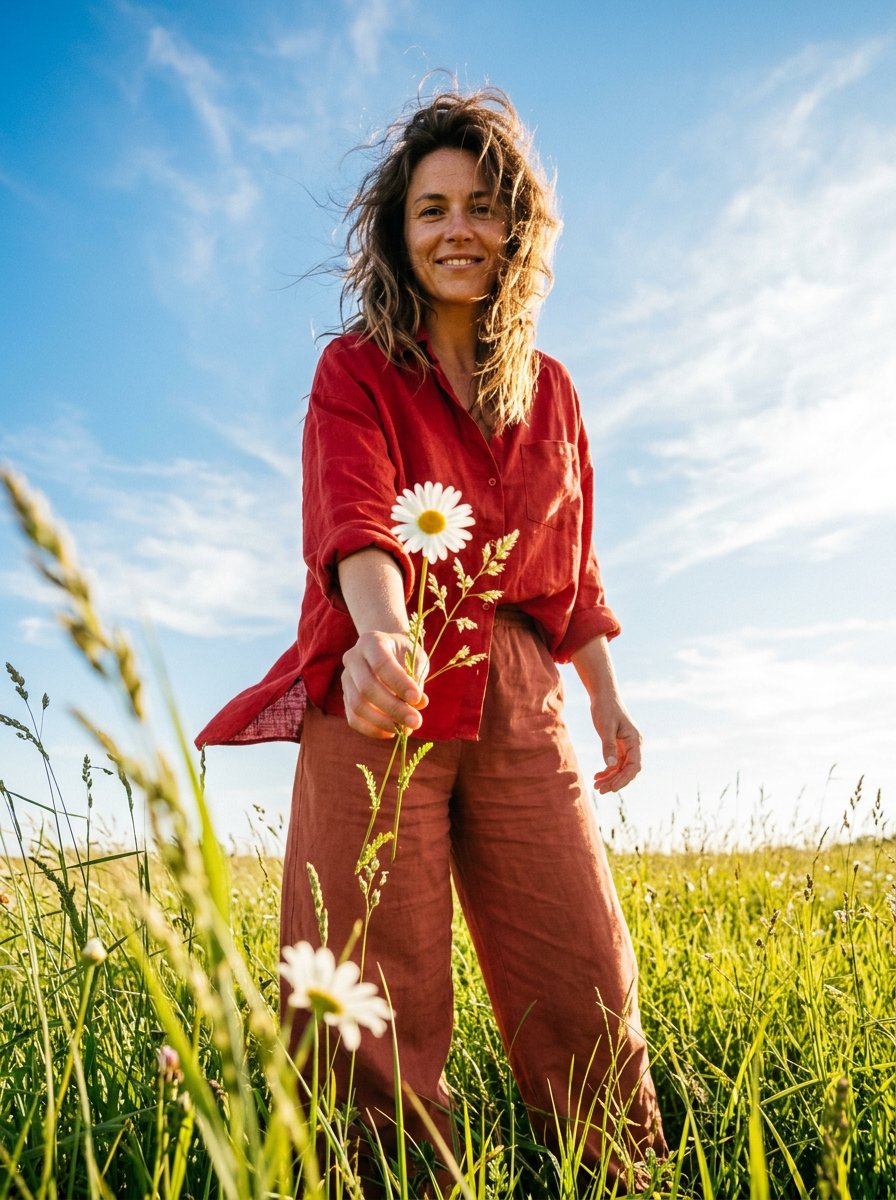 Cinematic fashion photo of a woman from the reference, face unchanged, standing in a sunny grassy fi — AI image prompt — Nano Banana