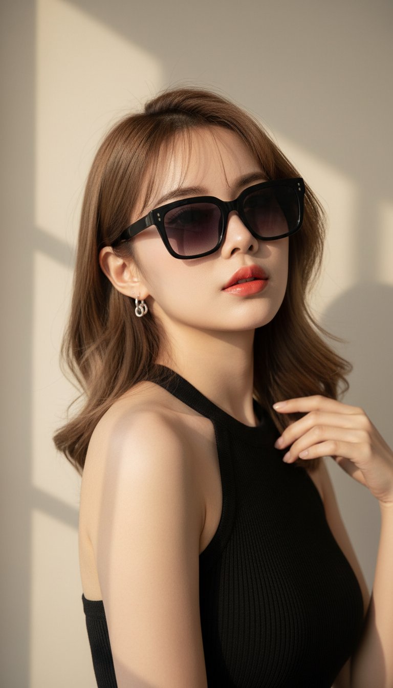 선글라스와 창문 그림자의 우아한 초상 — AI image prompt — Nano Banana — Portrait, Realistic, Fashion - 2