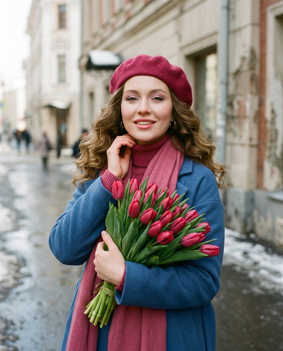 A woman stands on a city street, her body slightly turned three-quarters, shoulders relaxed, holding — AI image prompt — Nano Banana