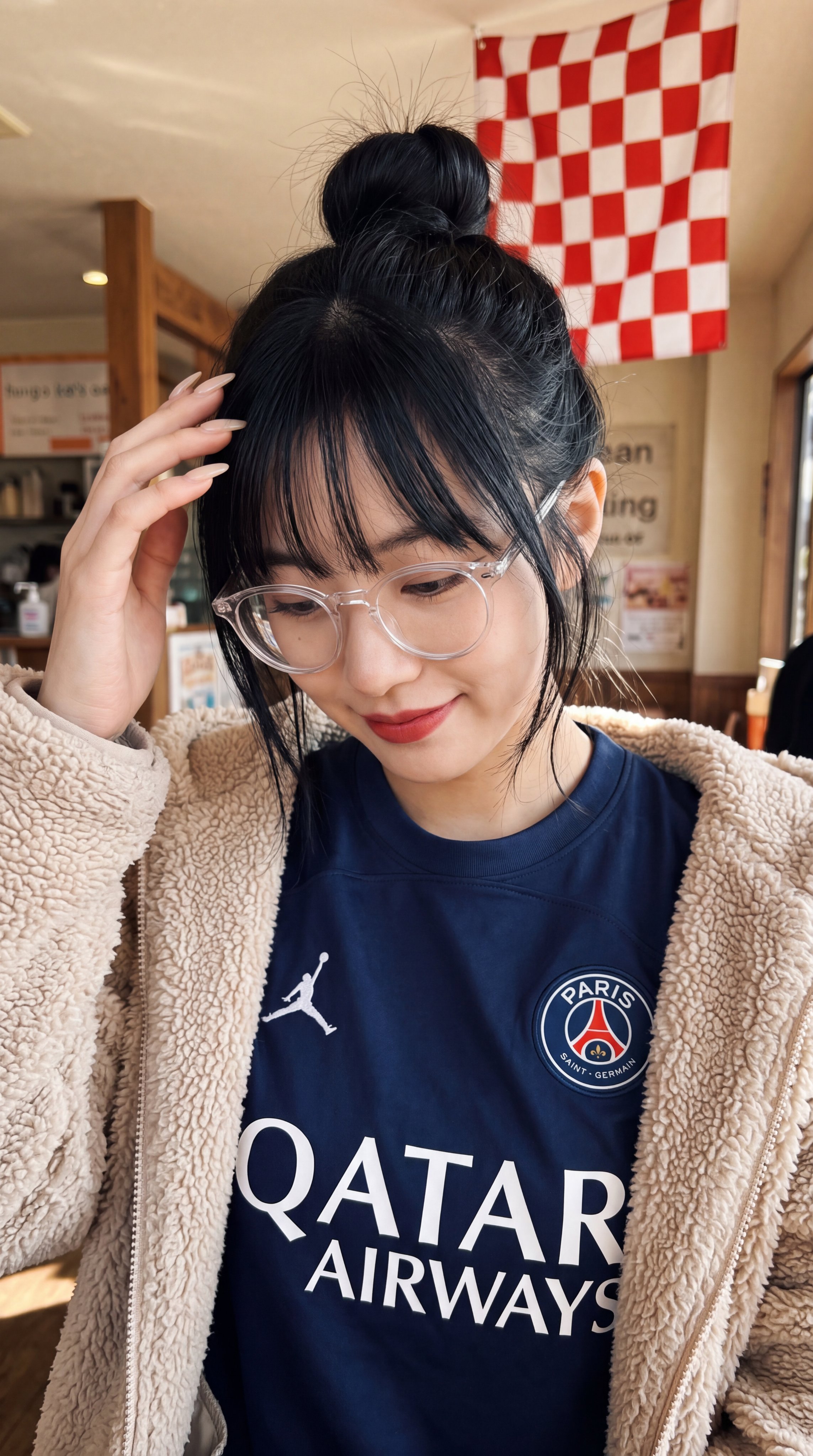 A close-up selfie-style portrait of a young East Asian woman looking downward with a soft, slightly  — AI image prompt — Nano Banana