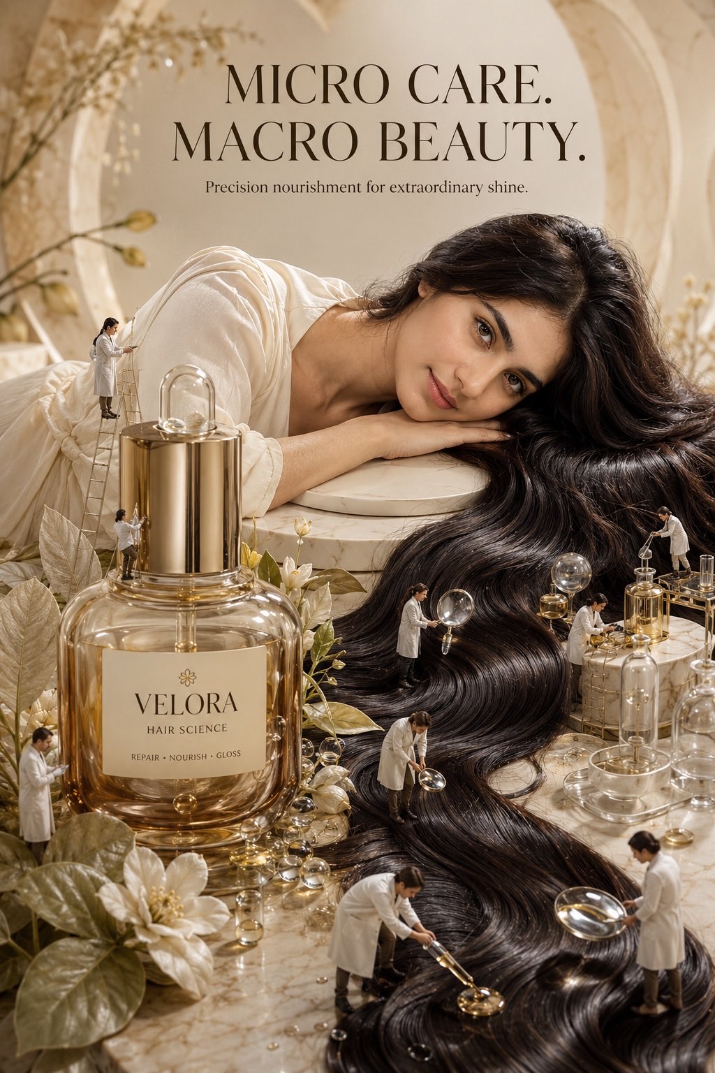 Create a photorealistic, high-end luxury beauty campaign poster inspired by surreal miniature-scale  — AI image prompt — GPT Image 2