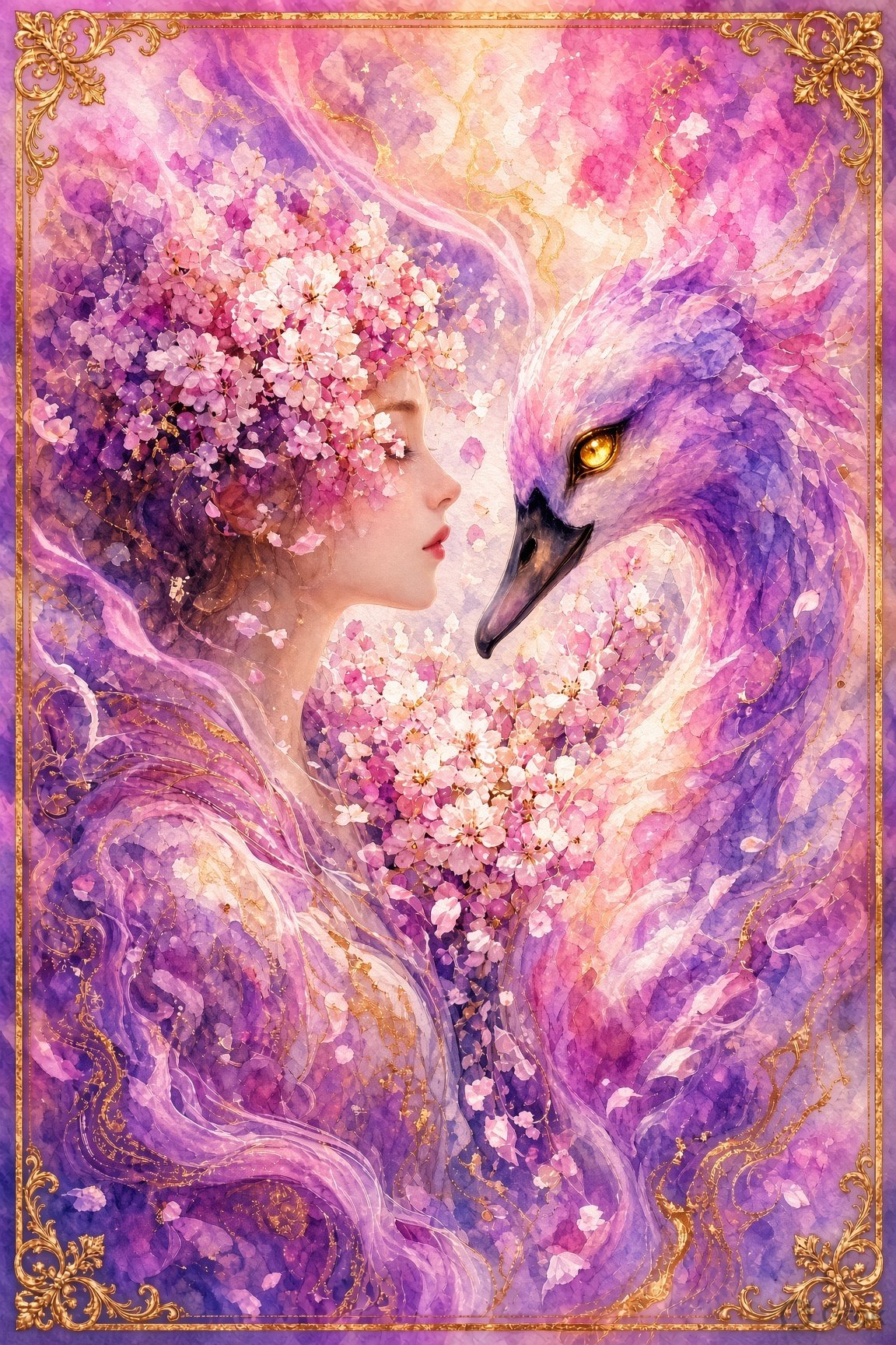 A serene figure in soft profile, a crown of watercolor-bloomed blossoms bleeding softly over the bro — AI image prompt — Grok Imagine 2