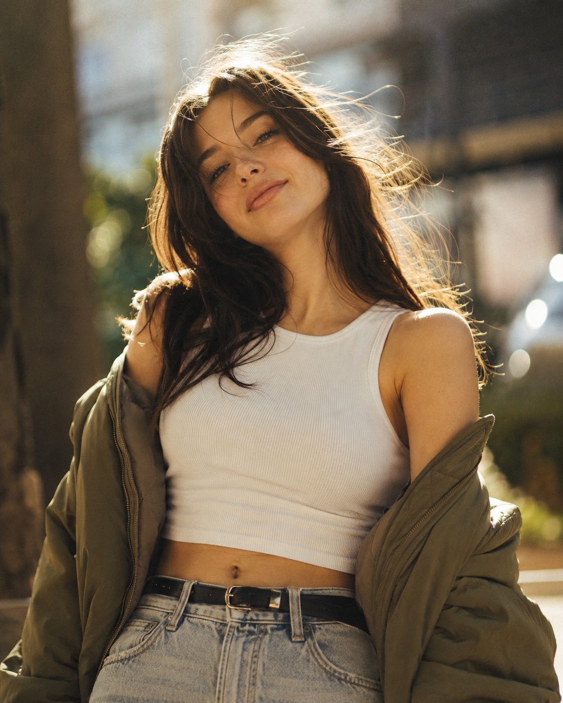 A young woman with long wavy dark brown hair blowing in the wind, head tilted slightly, soft confide — AI image prompt — FLUX 3