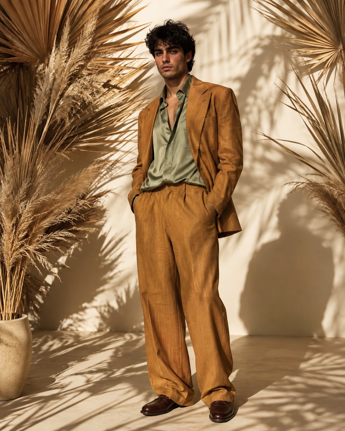 High-fashion editorial photograph of a young man with tousled dark curly hair and light stubble, sta — AI image prompt — FLUX 3