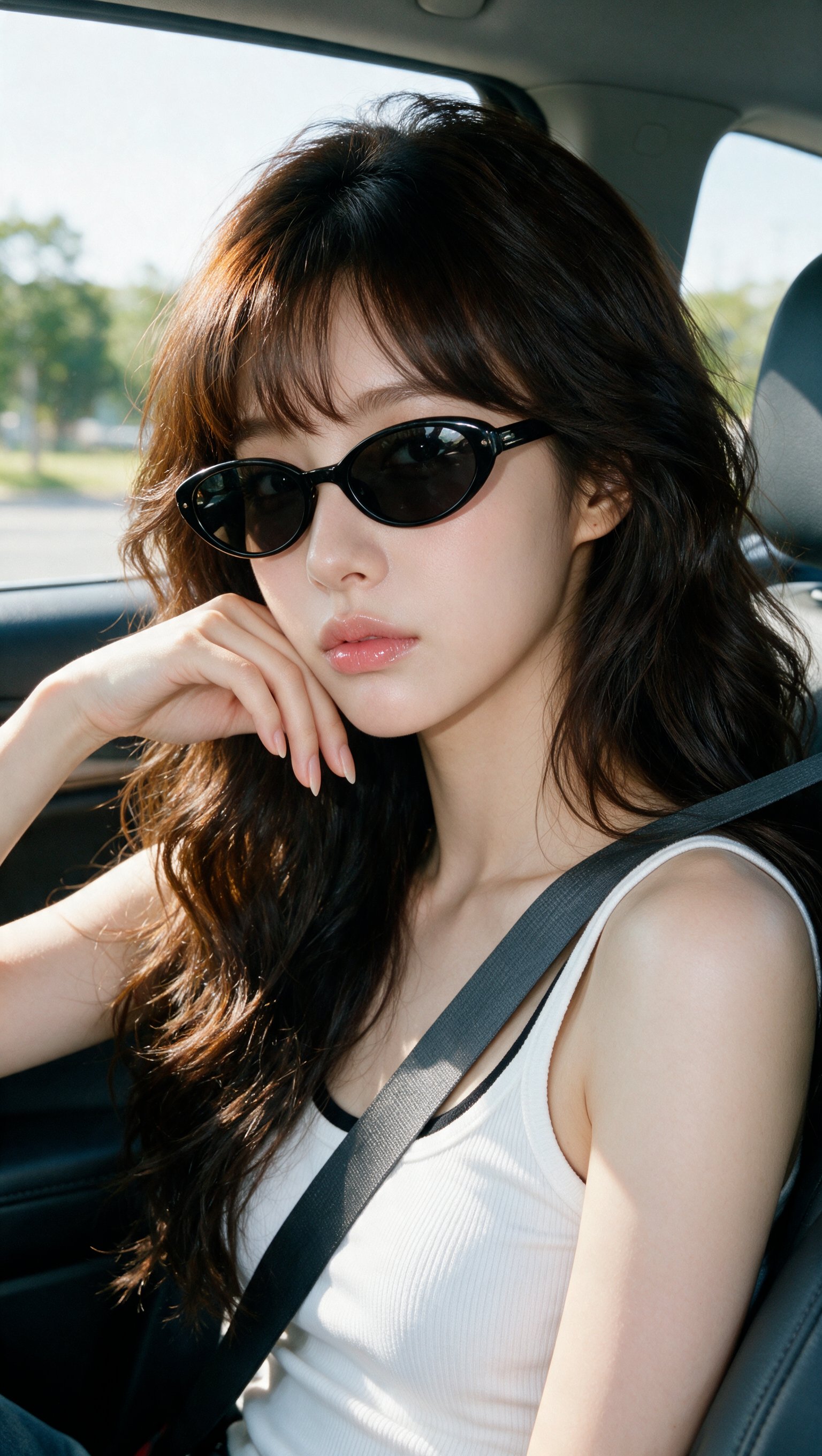 A realistic close-up portrait of a young East Asian woman sitting in the passenger seat of a car, so — AI image prompt — Seedream 5