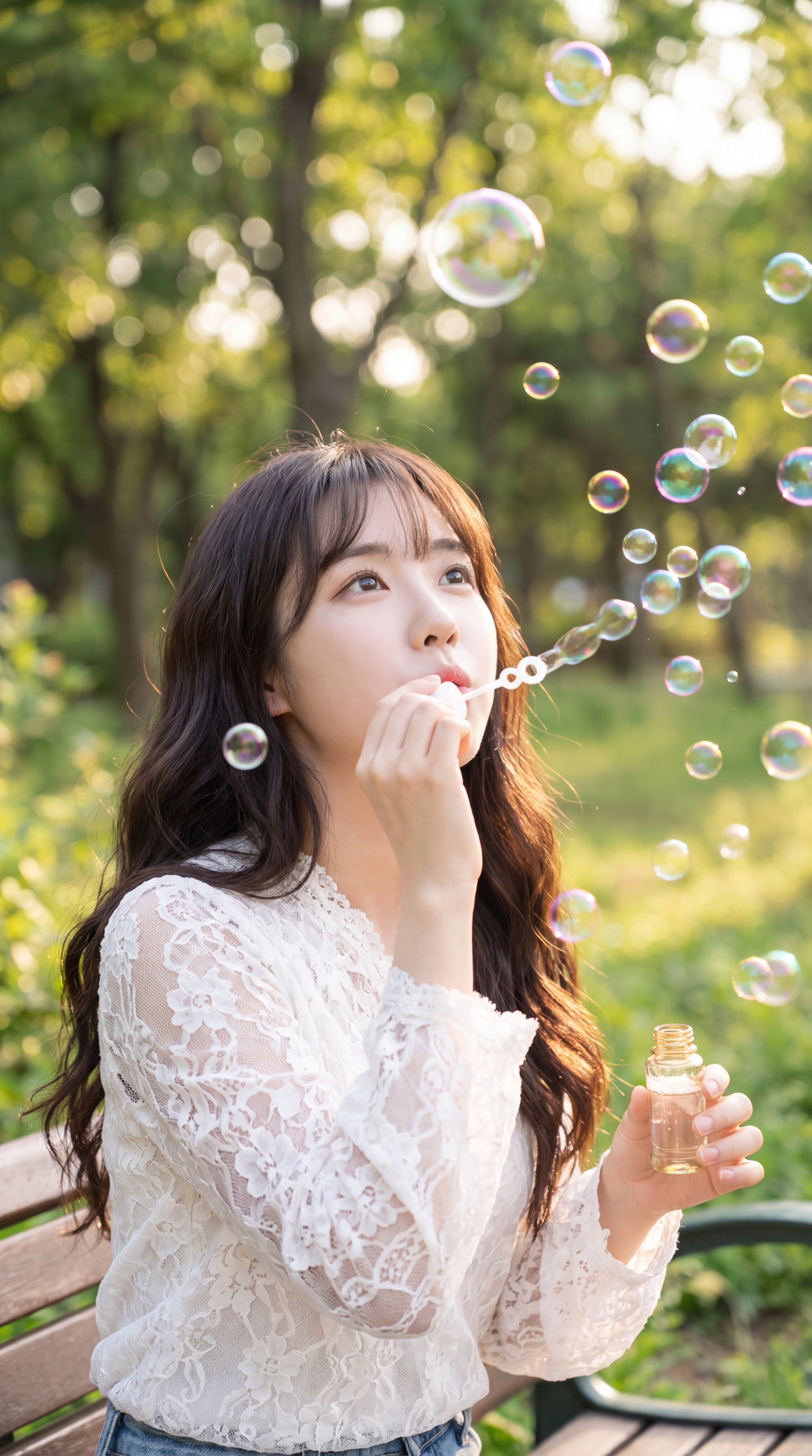 Woman Blowing Soap Bubbles in Park — AI image prompt — Nano Banana Pro — Ethereal, Portrait - 2