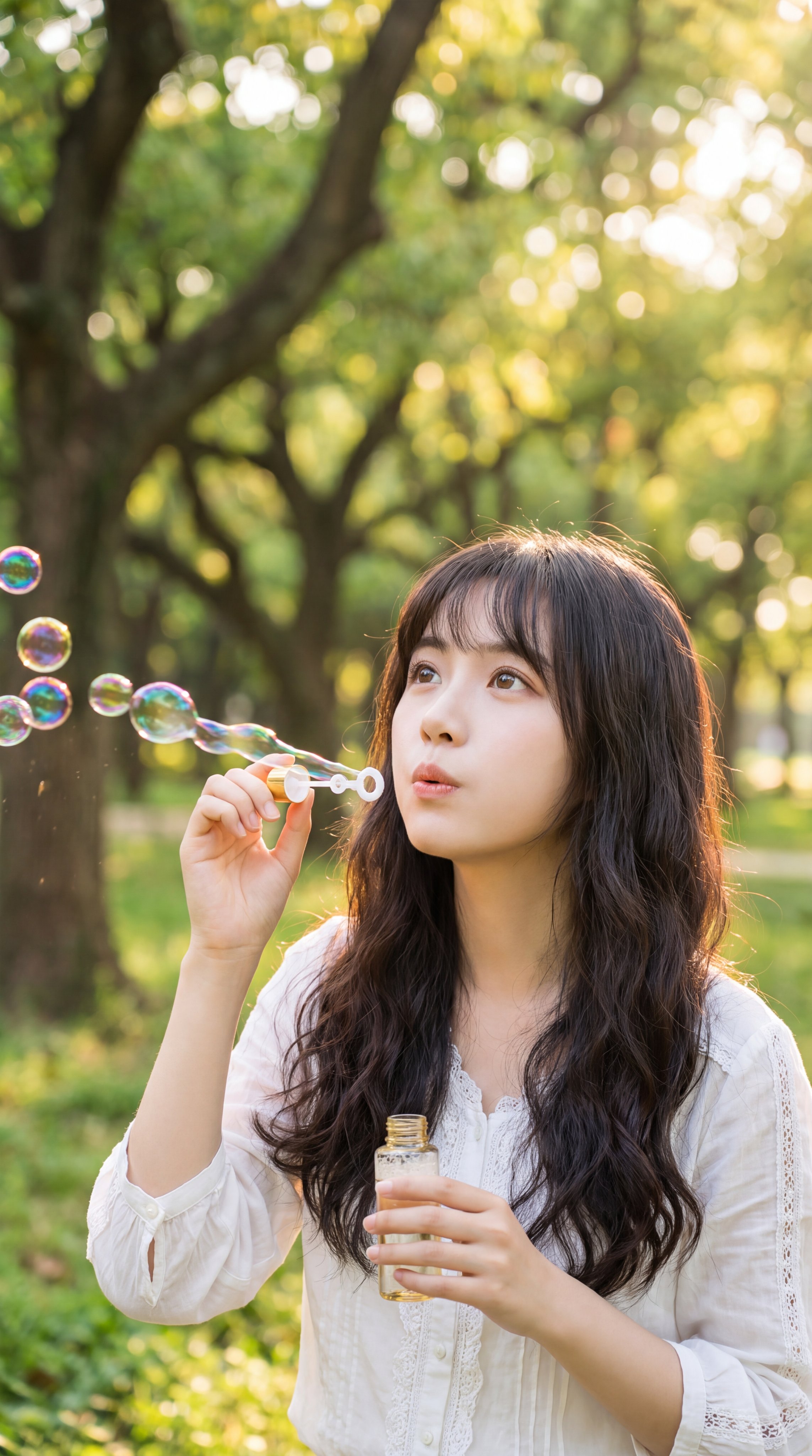 Woman Blowing Soap Bubbles in Park — AI image prompt — Nano Banana Pro — Ethereal, Portrait - 3