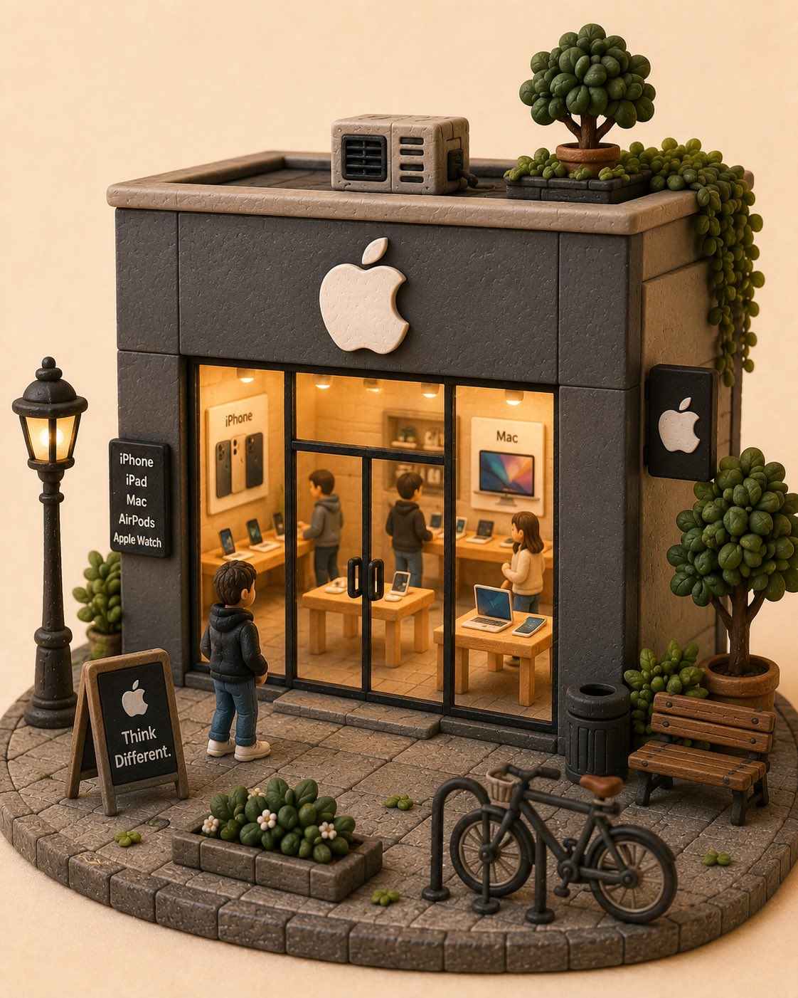 制作一个迷人的手工微缩立体模型，以[店铺/品牌名称]为核心焦点。将标志性的店面重新构想为一个温馨、奇幻的3D黏土微缩场景，保留其标志性建筑风格、辨识度高的配色、logo/招牌及品牌形象。在店铺周围添加 — AI image prompt — GPT Image 2