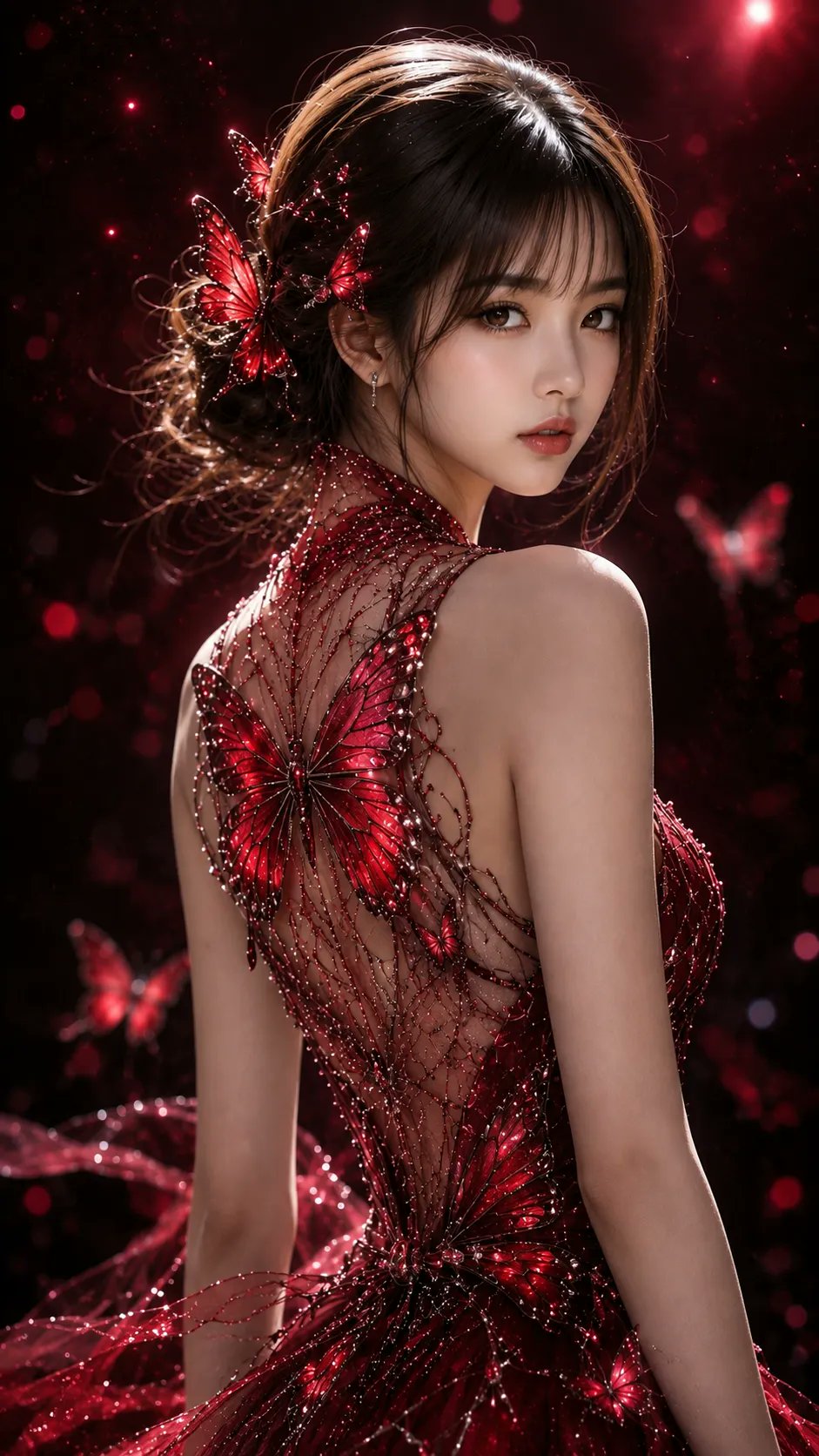 一张惊艳、高细节的肖像照，一位优雅的年轻东亚女性，梳着精致的盘发，发间点缀着散发红光的蝴蝶饰品。她身穿一件工艺繁复的绯红色无袖长裙，背部采用蕾丝与亮片打造的透视设计，正中央饰有一只醒目的红色蝴蝶图案。 — AI image prompt — GPT Image 2