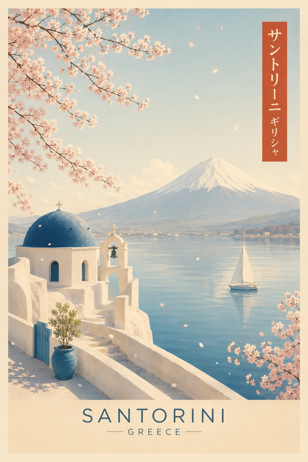 创作一幅明亮优雅的希腊圣托里尼复古旅行海报，竖版4：5比例。前景中，一座宁静的粉刷成白色的基克拉迪风格小教堂配以深蓝色穹顶，坐落在阳光照耀的悬崖上，周围环绕着干净的弧形阶梯、一只蓝色陶瓷花盆和精致的地 — AI image prompt — GPT Image 2