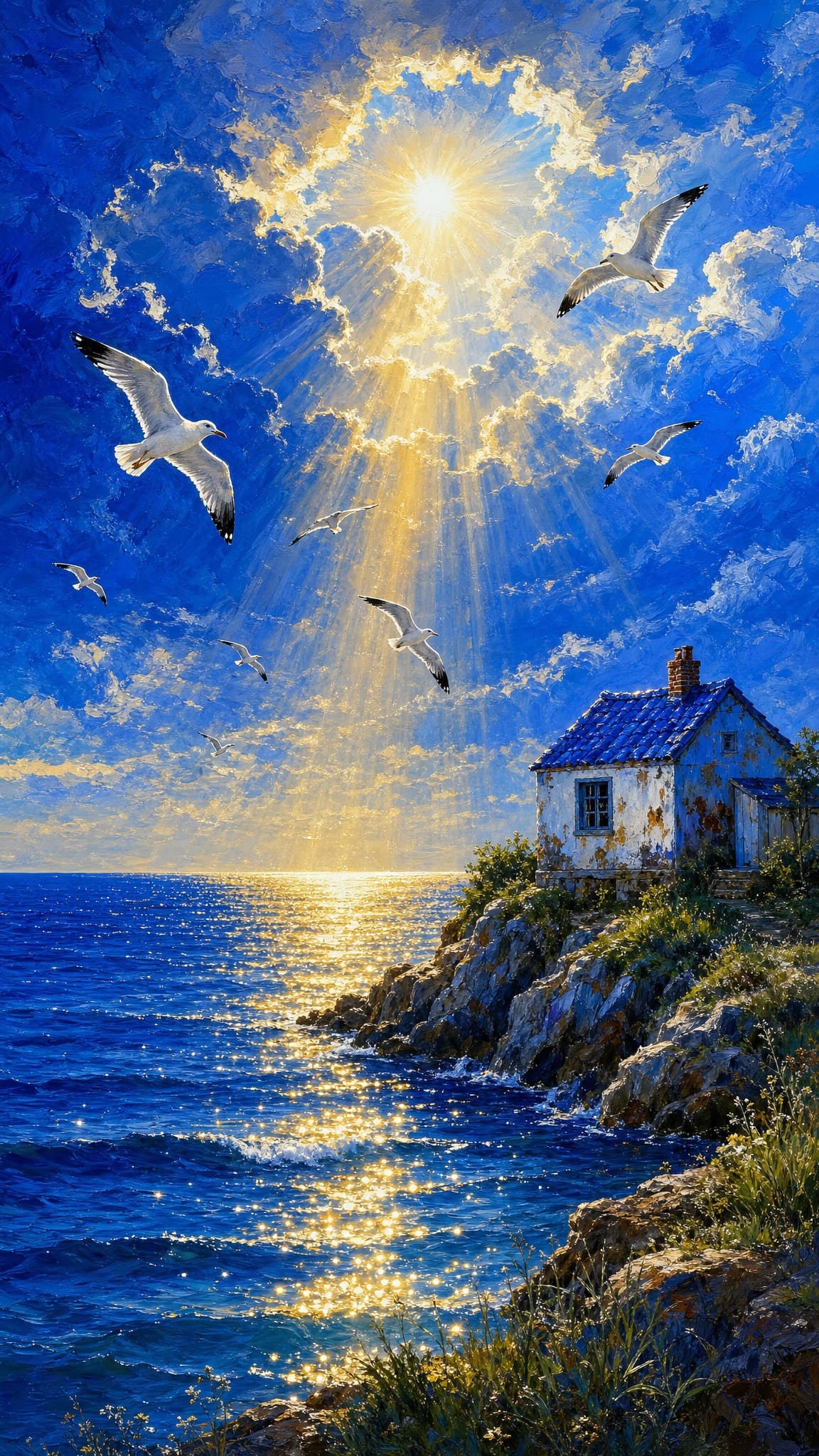 一幅充满活力的绘画感数字插画，竖构图，风格丰富而富有表现力，带有类似多层油画的 glossy 质感笔触。画面上半部分为深邃饱和的蓝色戏剧性天空——厚重如雕刻般的积云以钴蓝、天蓝、蔚蓝和白色呈现，边缘带 — AI image prompt — GPT Image 2