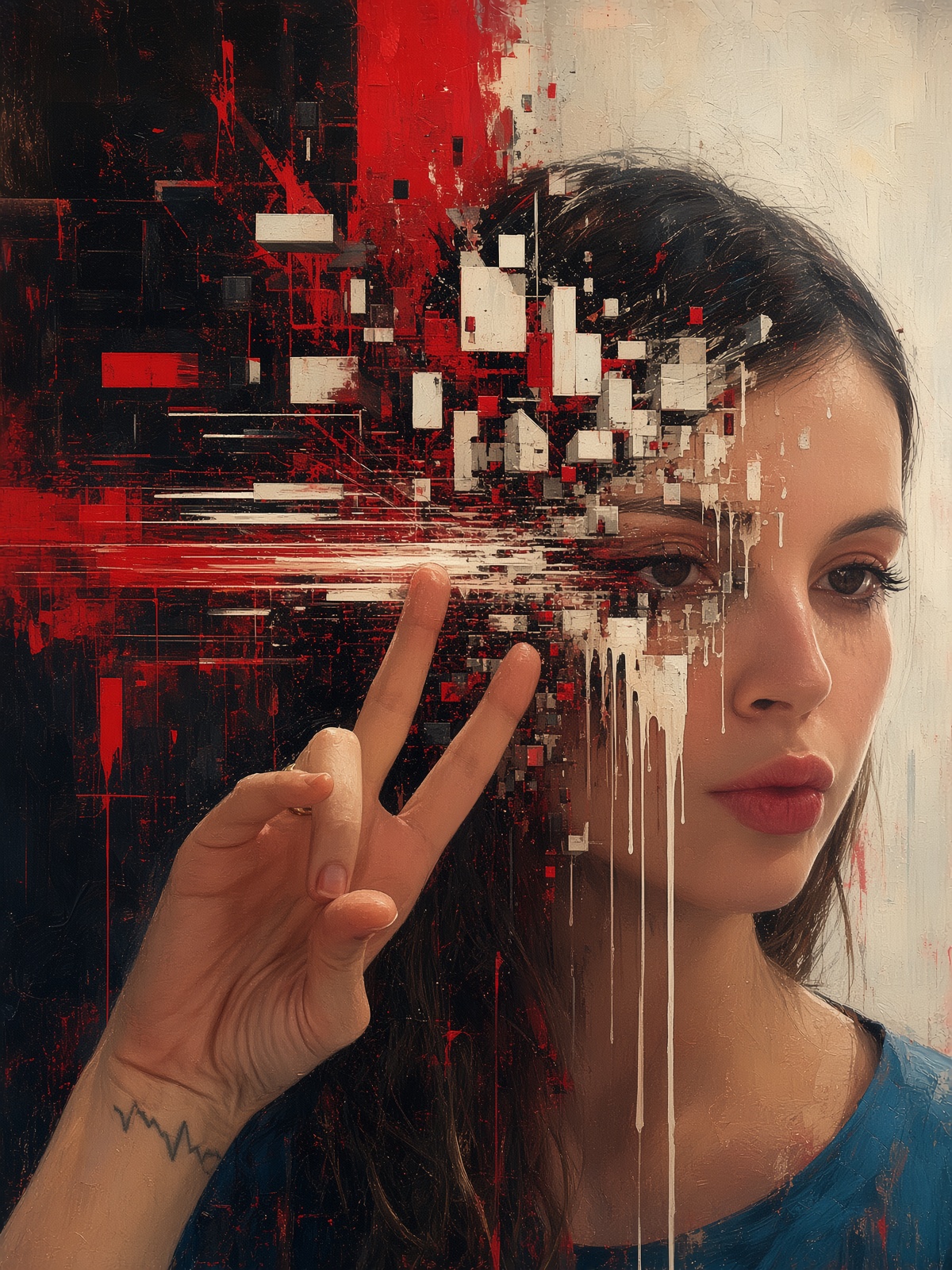 글리치 기하학 초상화와 페인트 드립 — AI image prompt — Grok Imagine 2 — Surreal, Cyberpunk