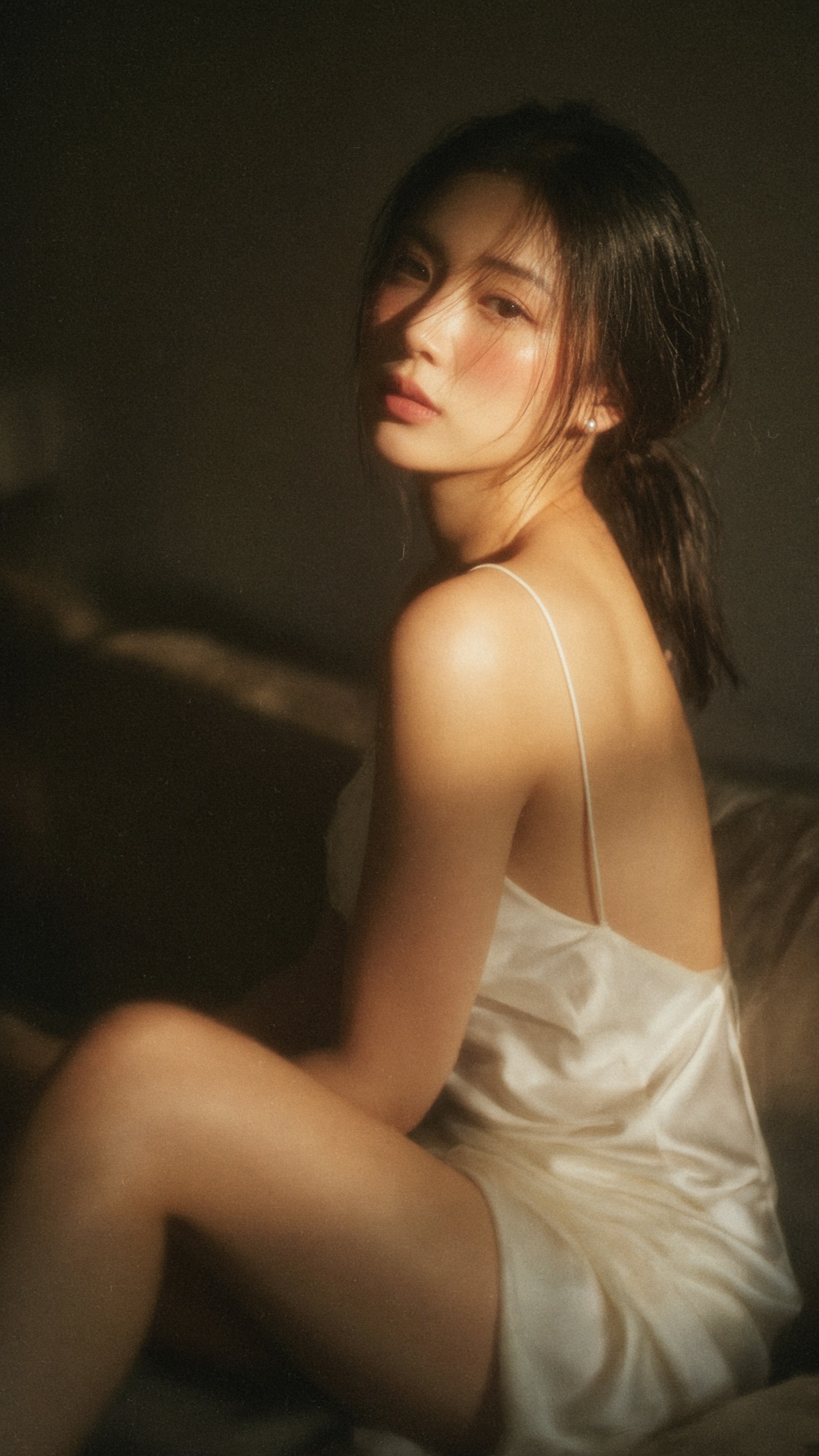 9:16 세로 구도 인물 사진, 몽환적인 시네마틱 에디토리얼 사진, 아름다운 대만 아이돌이 어두운 미니멀한 방 안 침대나 부드러운 소파에 옆으로 앉아, 카메라에서 몸을 돌린 채 어 — AI image prompt — Grok Imagine 2