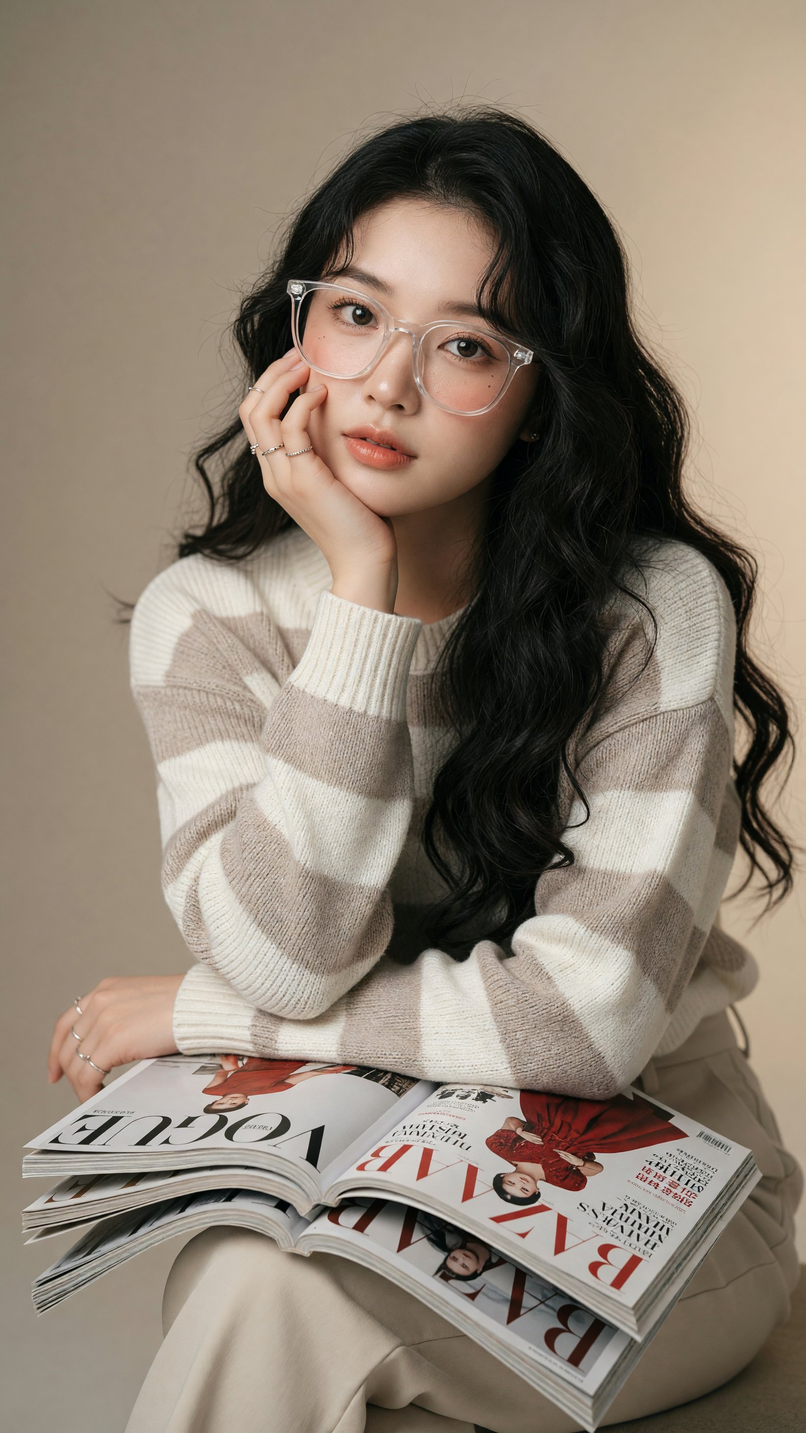젊은 동아시아 여성, 20대 초중반, 맑고 도자기 같은 피부에 부드러운 자연 광채, 크고 아몬드형 갈색 눈에 은은한 쌍꺼풀, 길고 진한 속눈썹, 부드러운 복숭아빛 핑크 글로시 입술 — AI image prompt — Grok Imagine 2