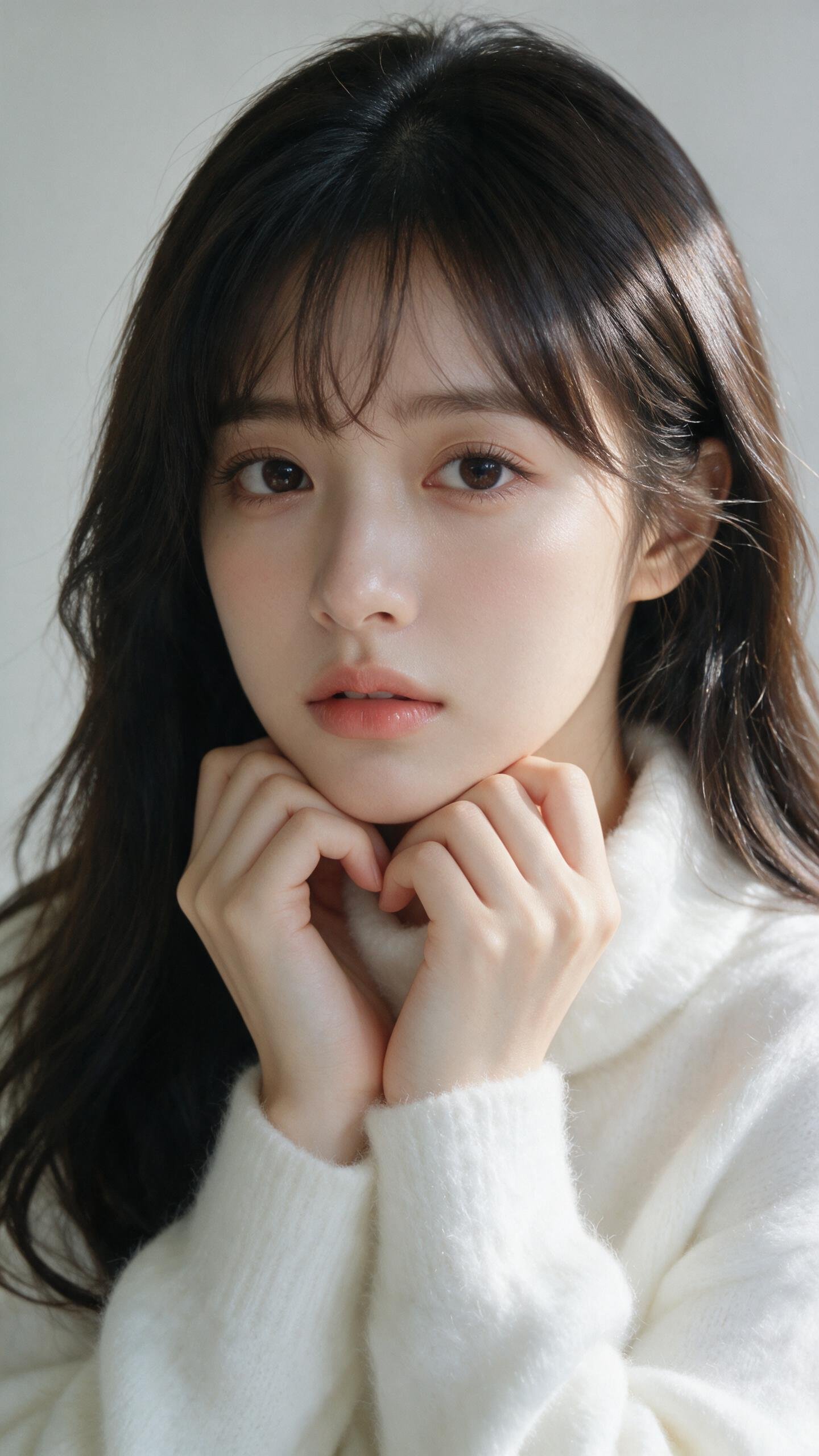 부드럽고 친밀한 클로즈업 초상화로, 20대 초반의 아름다운 동아시아 젊은 여성이 어깨 위부터 담겨 있다. 그녀는 길고 매끄러우며 약간 웨이브가 있는 짙은 갈색-검정 머리카락을 어깨 — AI image prompt — Seedream 5