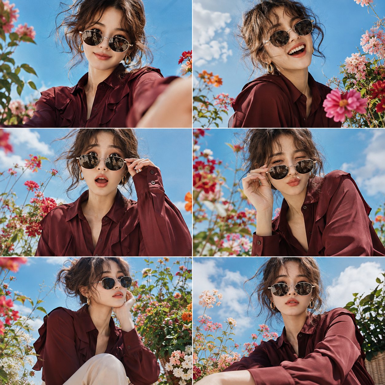 A young woman with tousled wavy chestnut-brown hair in a loose updo, wearing oval vintage gold-frame — AI image prompt — FLUX 3
