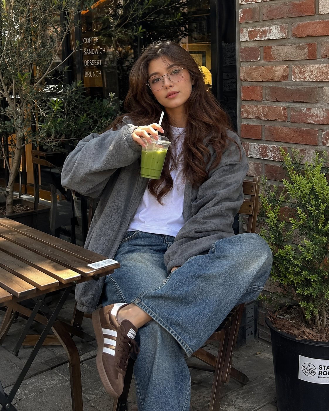 Subject: A young woman with long, voluminous wavy brunette hair and round wire-frame glasses, seated — AI image prompt — FLUX 3