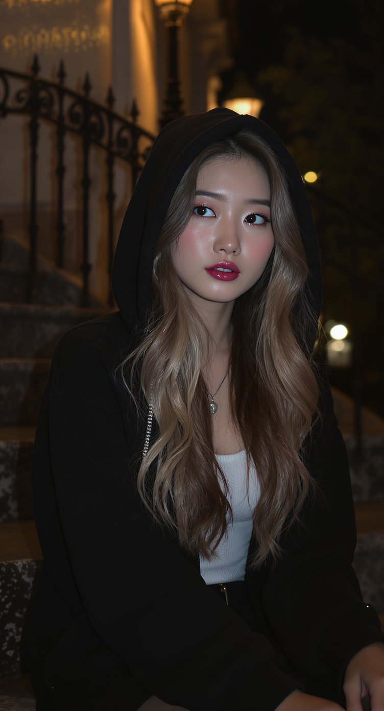 美しい若い東アジア人女性（20代前半）のフォトリアリスティックなクローズアップポートレート。陶器のような白い肌を持ち、夜の屋外の石段に座っている。長くウェーブのかかったライトアッシュブラウンの髪は、柔 — AI image prompt — FLUX 3