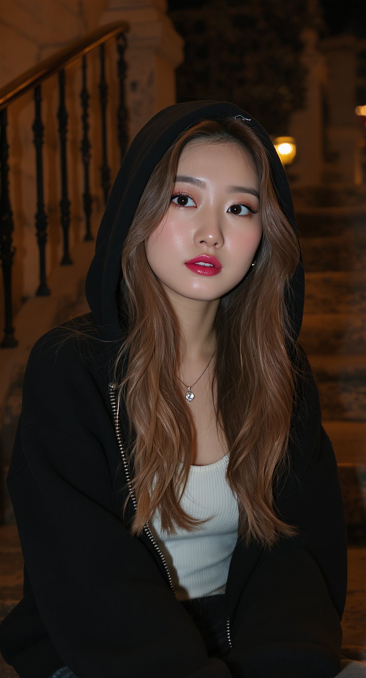 夜のスタッズ付きパーカーを着た女性のポートレート — AI image prompt — FLUX 3 — Cinematic, Realistic, Portrait - 4