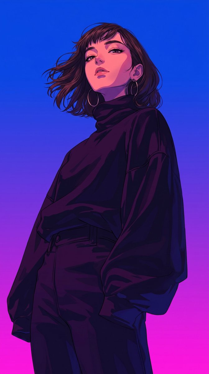 A retro-modern anime digital painting of a chic young woman in a dramatic low-angle perspective. Tou — AI image prompt — Nano Banana Pro