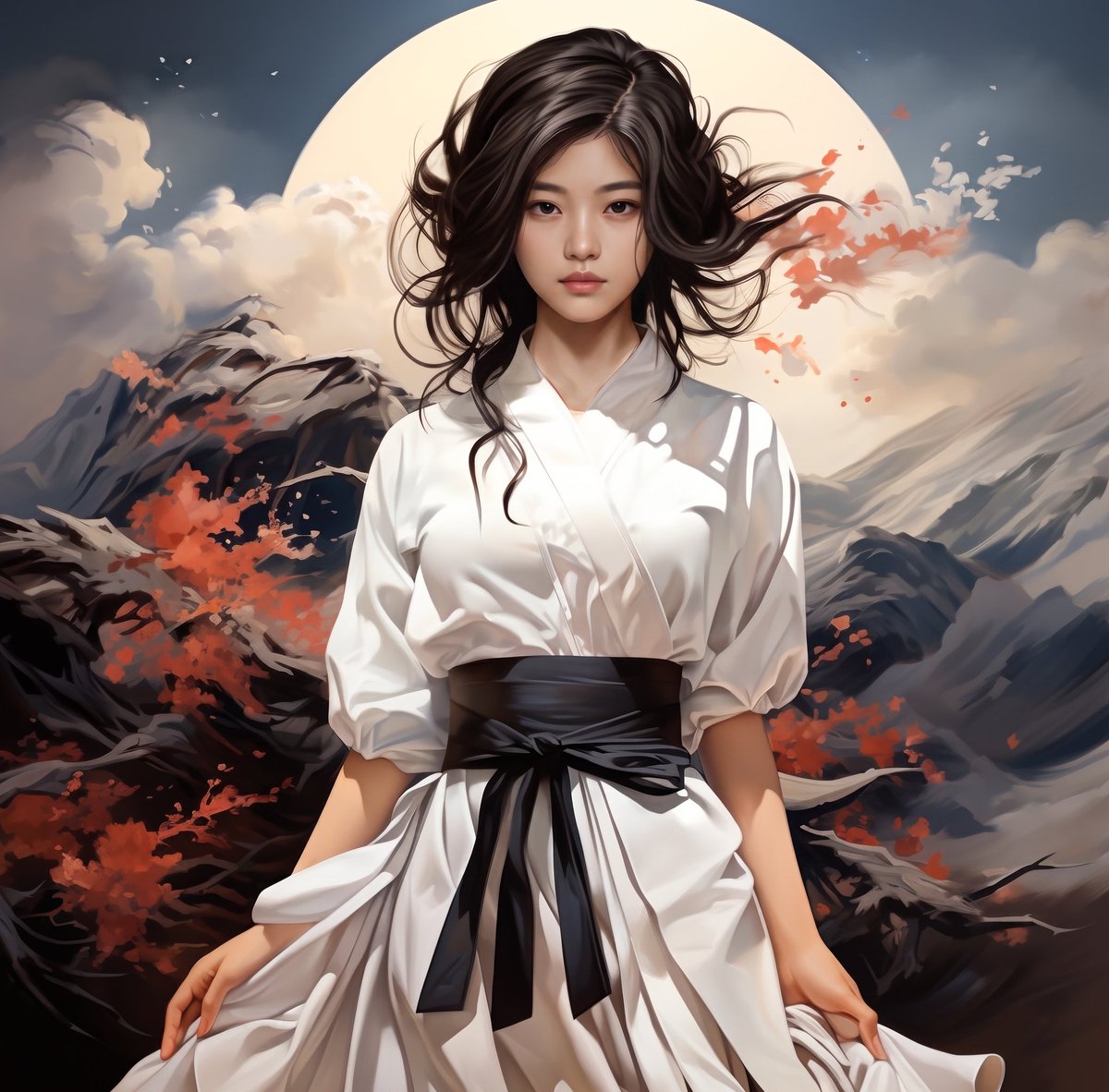 Digital painting of a stunning young East Asian woman with voluminous, wavy black hair windswept aro — AI image prompt — Nano Banana Pro