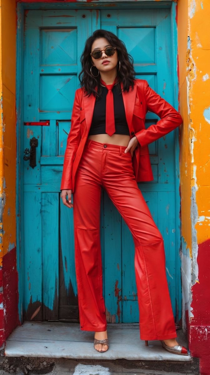 A full-body fashion photograph of a woman with voluminous, curly dark hair, wearing an all-red tailo — AI image prompt — Nano Banana Pro