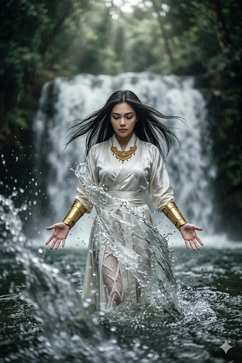 A cinematic portrait of a beautiful Asian woman standing waist-deep in a clear misty river in front  — AI image prompt — Nano Banana Pro