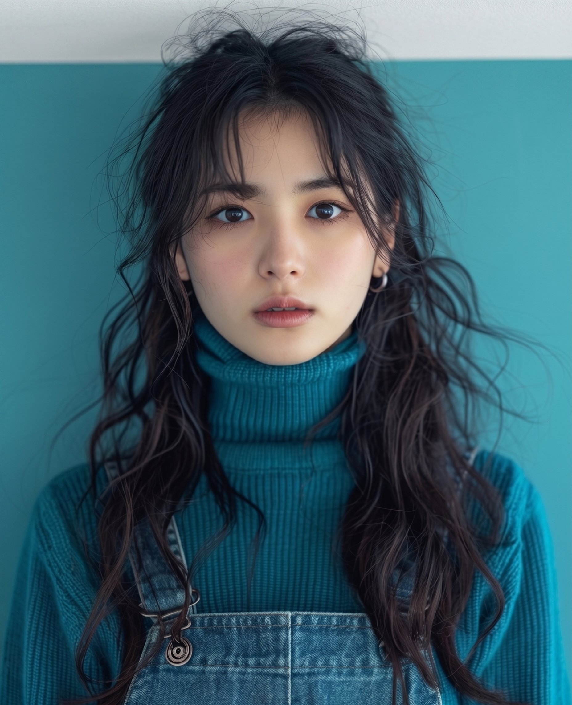 젊은 동아시아 여성의 스튜디오 초상화. 길고 웨이브가 진 짙은 갈색 머리를 자연스럽게 스타일링했으며, 가늘고 흩어진 잔머리들이 얼굴을 감싸고 있다. 그녀는 크고 표정이 풍부한 짙은 — AI image prompt — Nano Banana