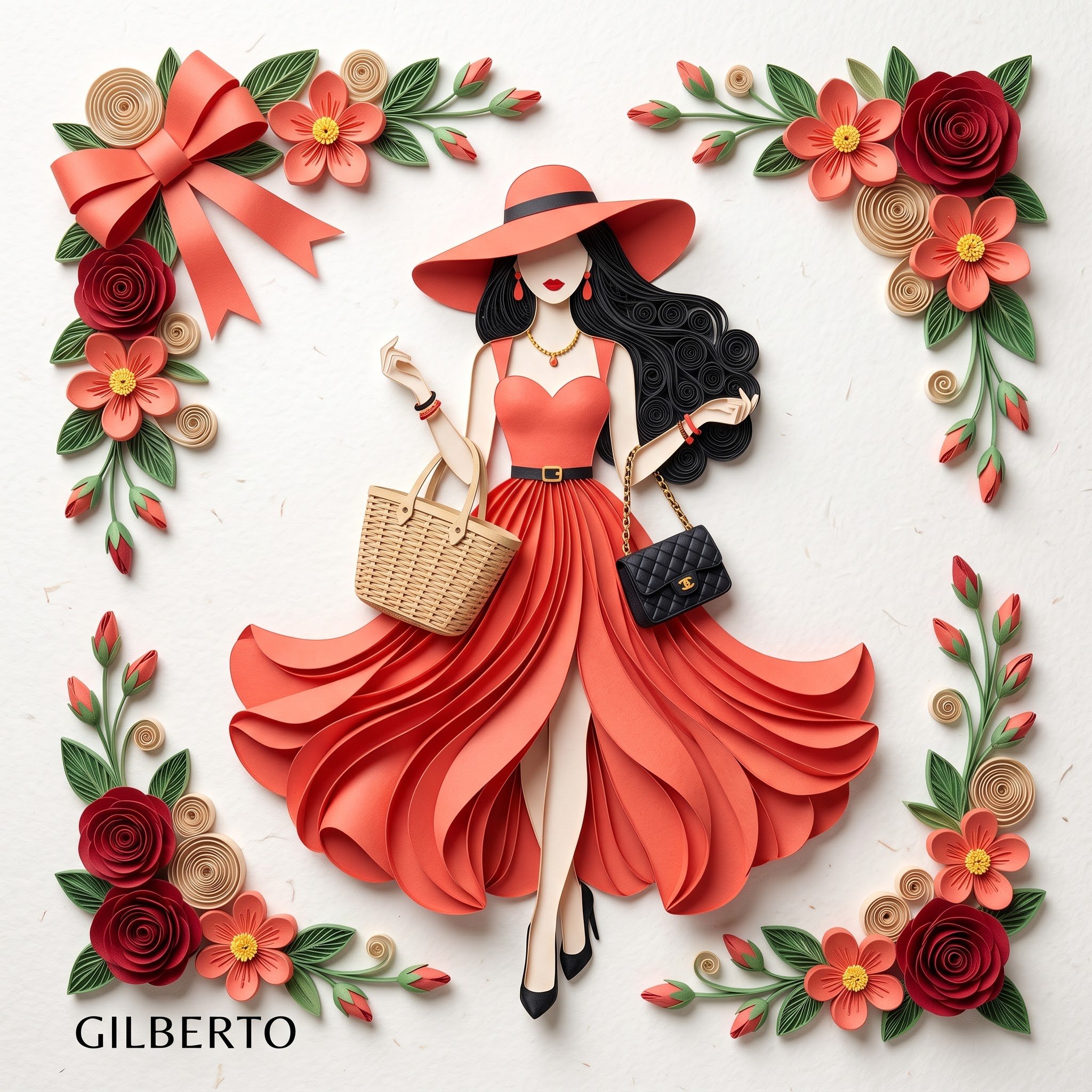 3D paper quilling and layered paper craft art of an elegant fashion illustration, flat lay view on a — AI image prompt — Nano Banana