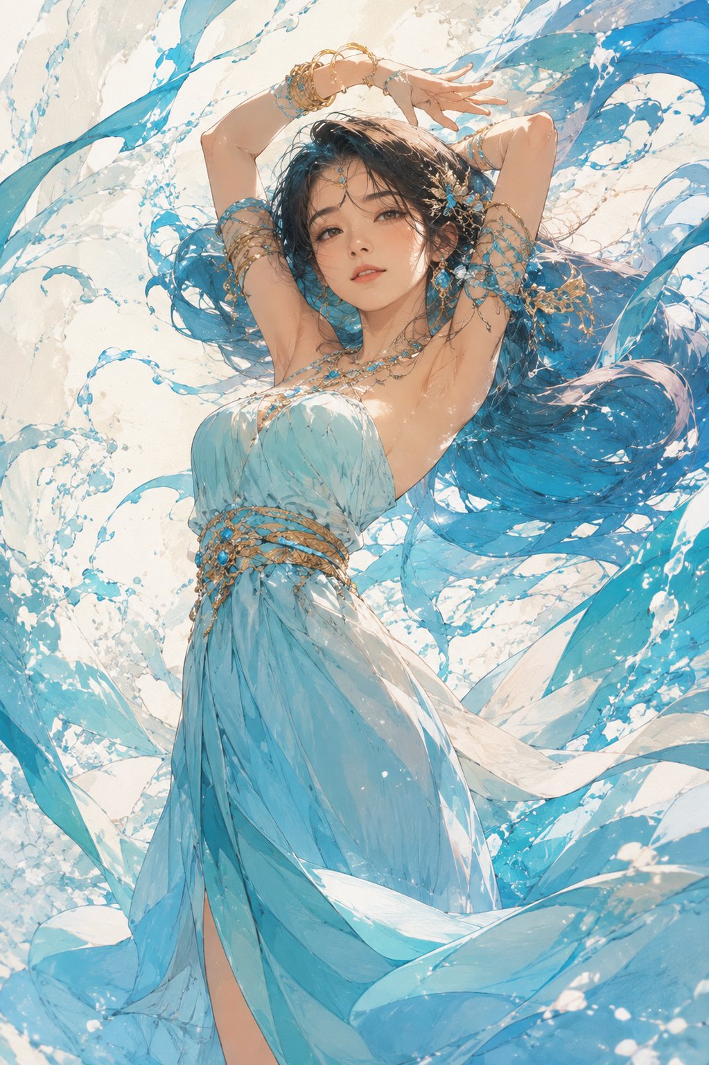 空灵海洋奇幻动漫插画，一位美丽的年轻成年女性，竖版9：16构图。她面容精致稚嫩，大眼睛蓝灰色且富有神采，肌肤呈柔和蜜桃色调，鼻梁小巧秀气，嘴角挂着明亮温柔的笑意。长发浓密蓬松，呈水蓝色与蓝绿色渐变，仿 — AI image prompt — GPT Image 2