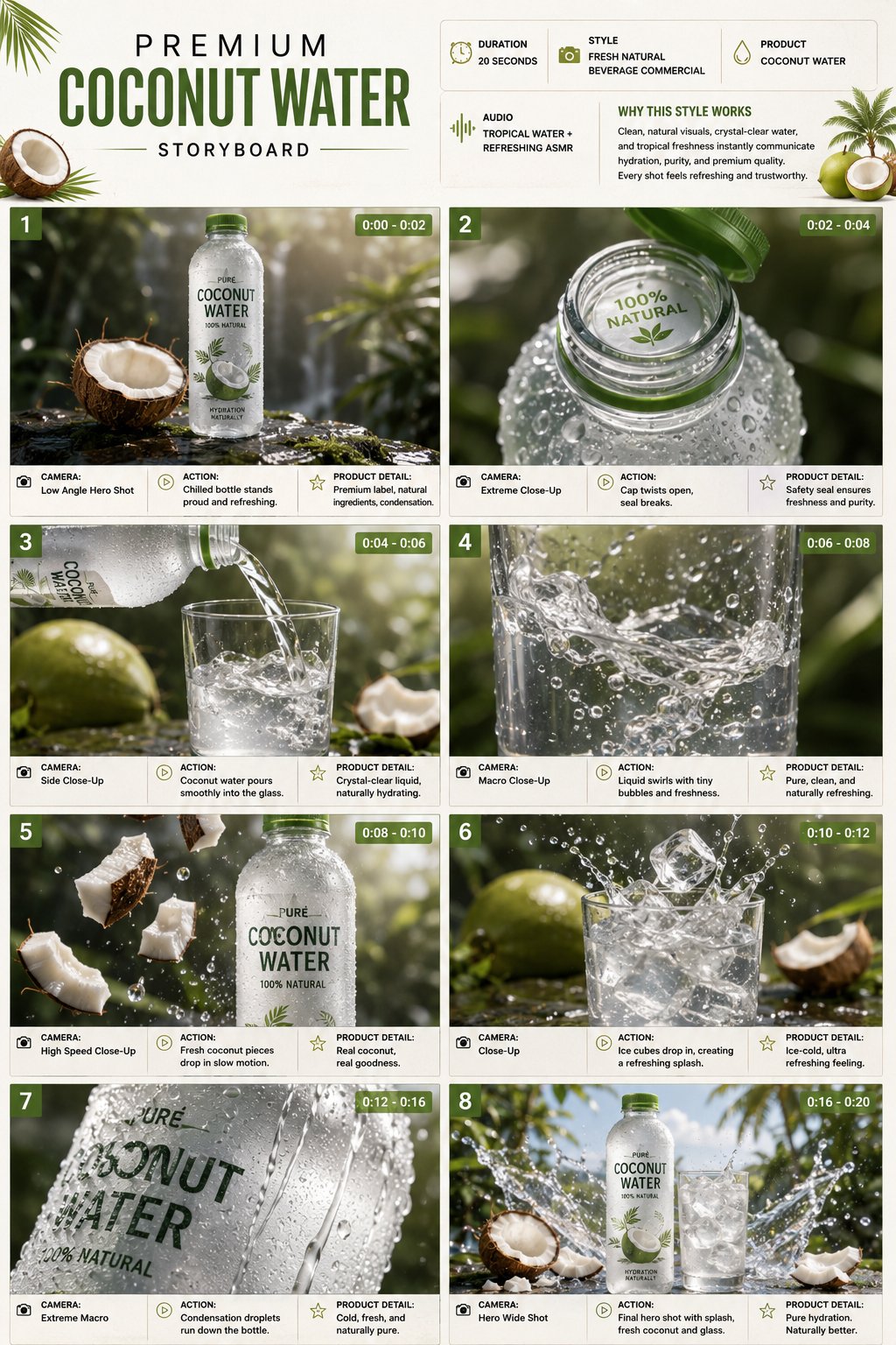 TITLE: Premium Coconut Water Product Commercial Storyboard

FORMAT:
• Single-page premium storyboard — AI image prompt — Nano Banana