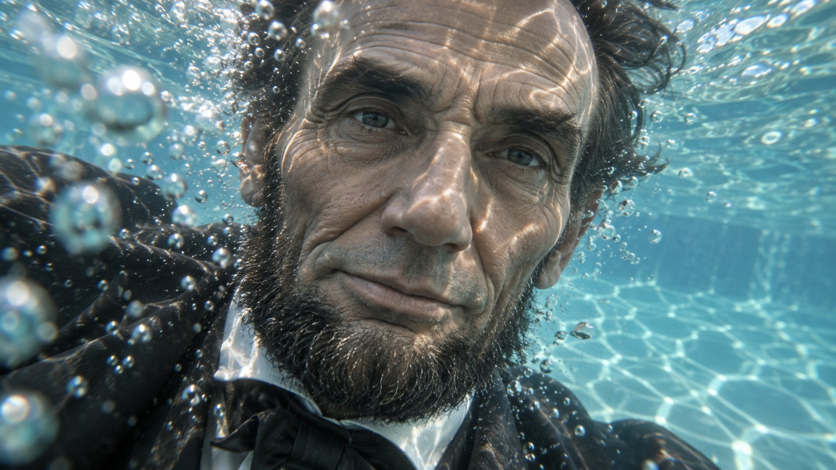 Create an extreme close-up underwater portrait of Abraham Lincoln after the subject has just jumped  — AI image prompt — GPT Image 2.5