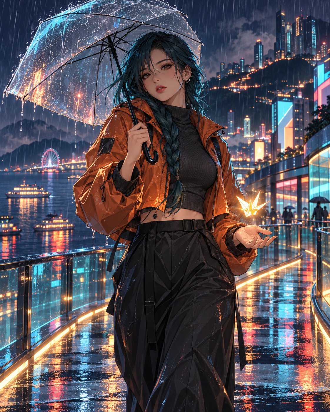 A cinematic anime-style fashion portrait of a beautiful young adult woman walking along a curved gla — AI image prompt — GPT Image 2