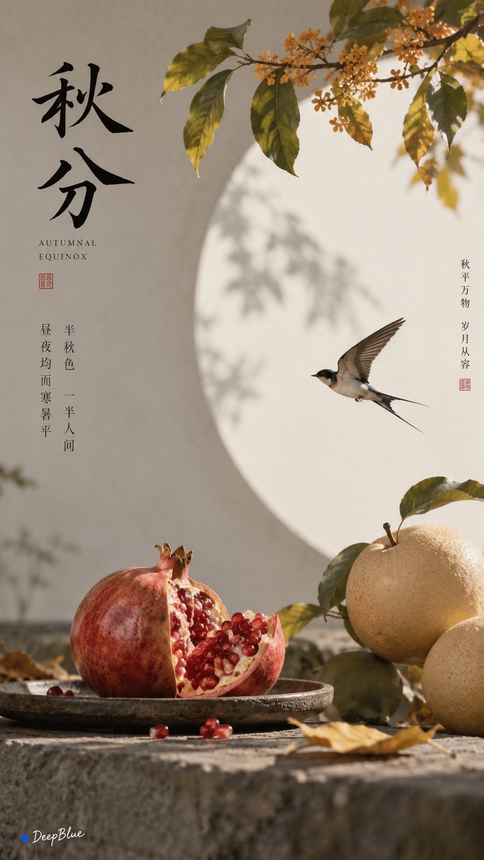 极简东方 × 宋式美学 × 时令诗意 × 独立艺术封面 × 东方自然意境
中国农历节气：秋分
视觉主体：根据节气特征，选择3种最具节气代表性与视觉美感的瓜果蔬菜、动物或自然现象。 — AI image prompt — GPT Image 2