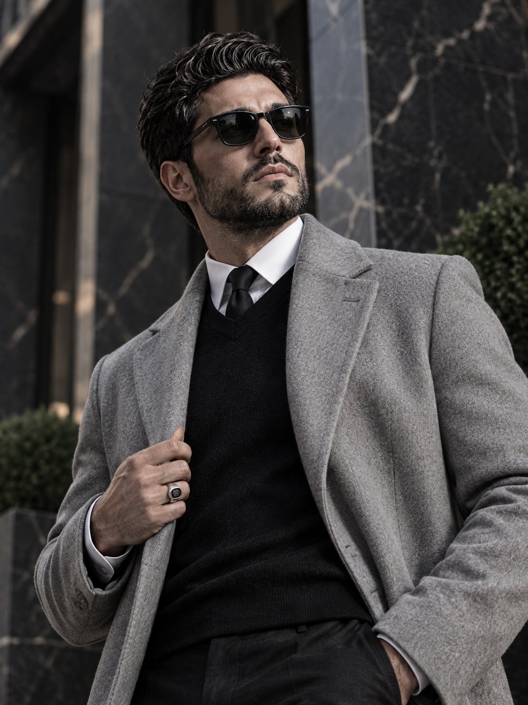 Make A stylish man use image for face reference with a neat beard and slicked-back hair is captured  — AI image prompt — GPT Image 2
