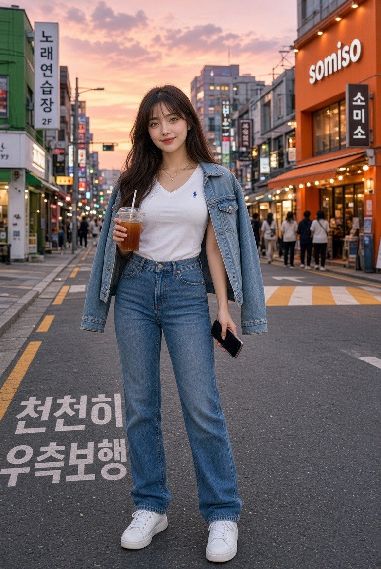 한국인 소녀, 해 질 무렵 분주한 서울 도시 거리를 걷고 있는 전신 사실적인 스트리트 스타일 초상화, 긴 검은 웨이브 머리와 부드러운 앞머리, 자연스러운 한국식 메이크업과 맑은 피 — AI image prompt — Grok Imagine 2