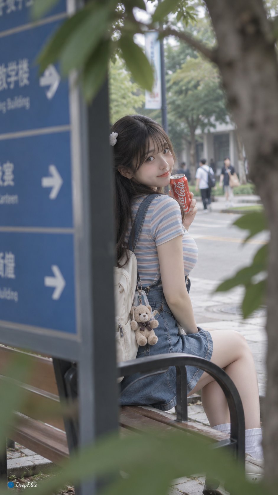 日常快照风格，非精心构图或打光，校道长椅旁，条纹T恤配背带裙，小熊挂饰在背包上，易拉罐可口可乐在手；从道路指示牌后侧拍，牌边与树叶形成双层前景框景，轻微焦外；阴天自然光，低对比、低饱和，面料纹理与小饰 — AI image prompt — GPT Image 2