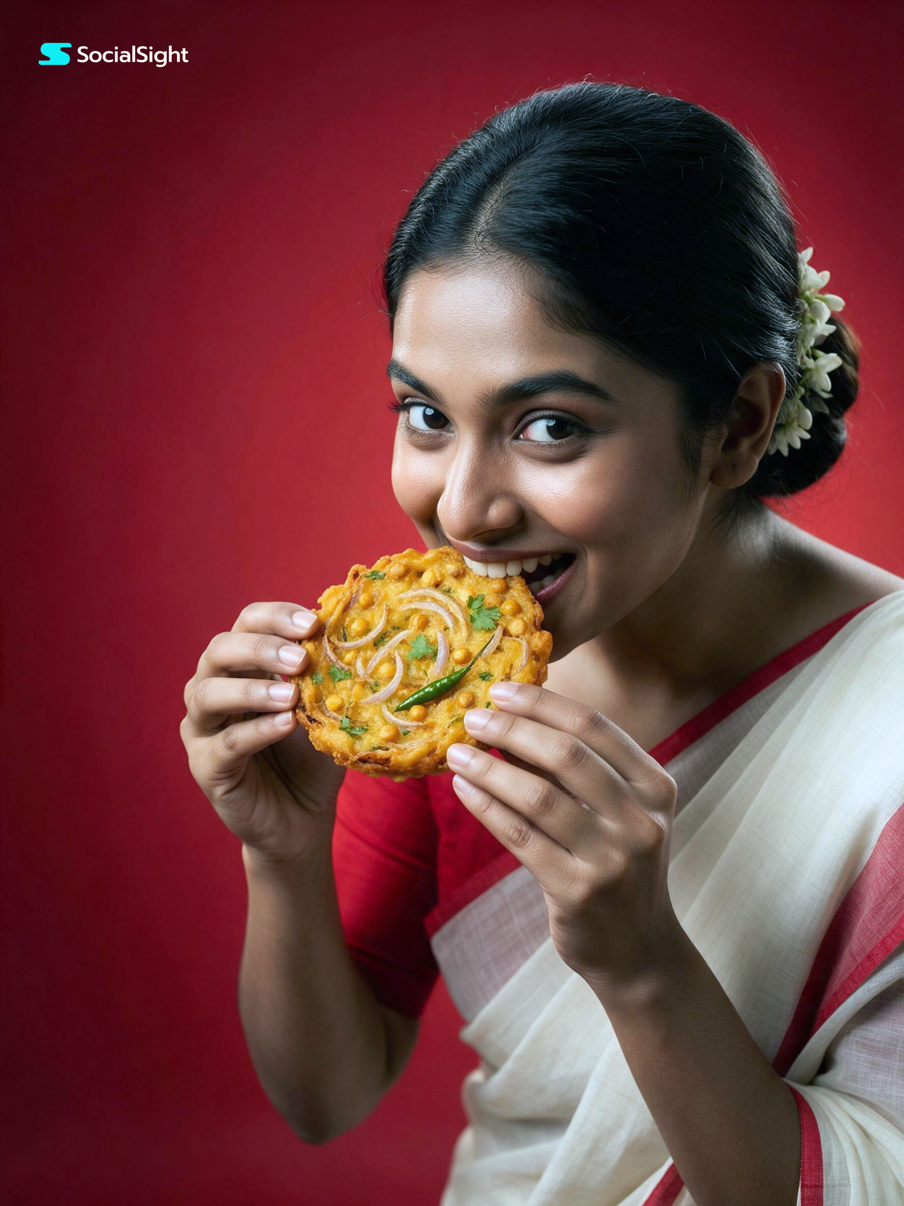 Create a bold premium Bangladeshi food campaign photograph featuring a joyful young Bangladeshi woma — AI image prompt — Seedream 5