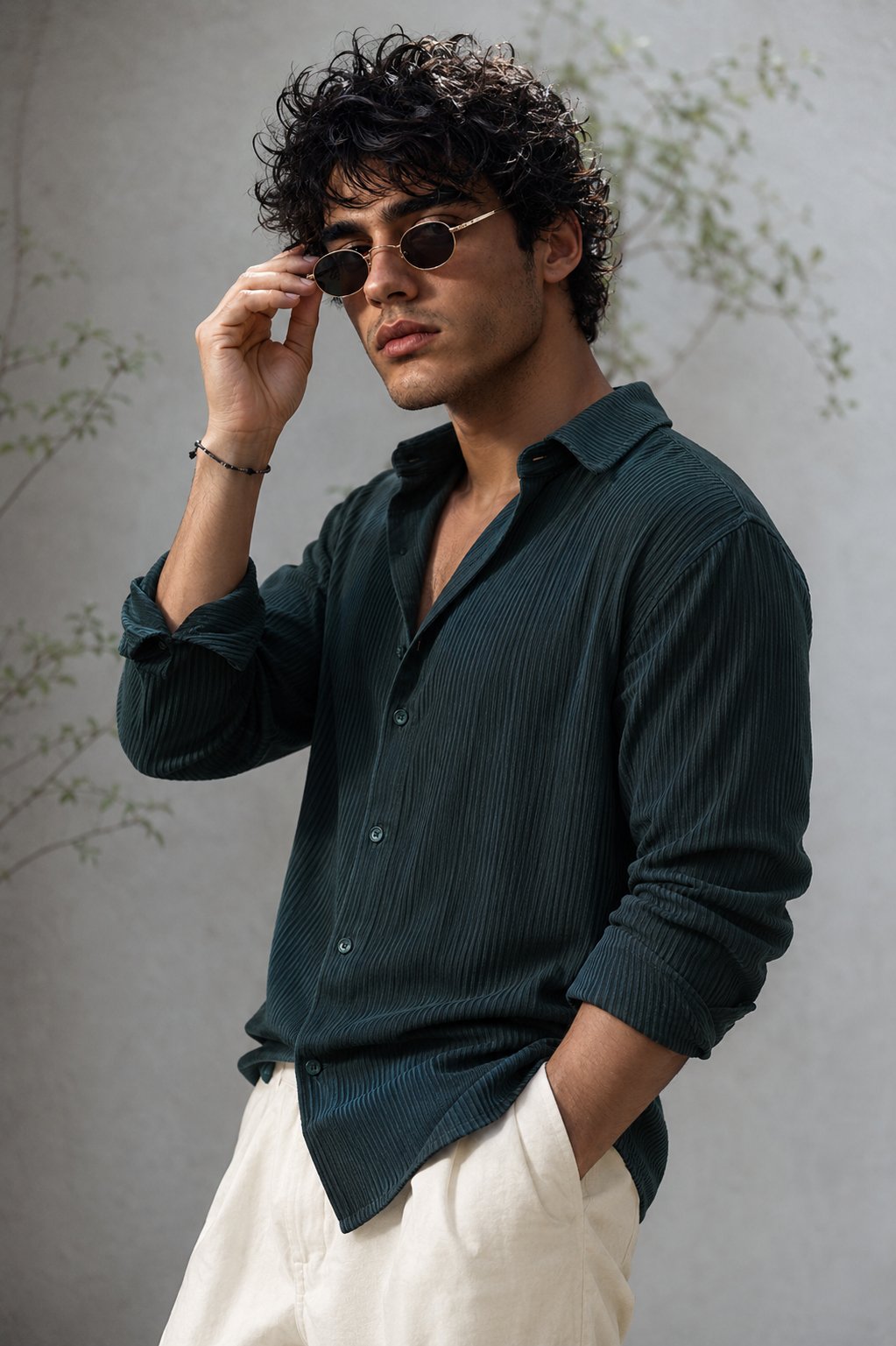 A young man with voluminous dark curly hair and light stubble adjusts round vintage gold-framed sung — AI image prompt — FLUX 3