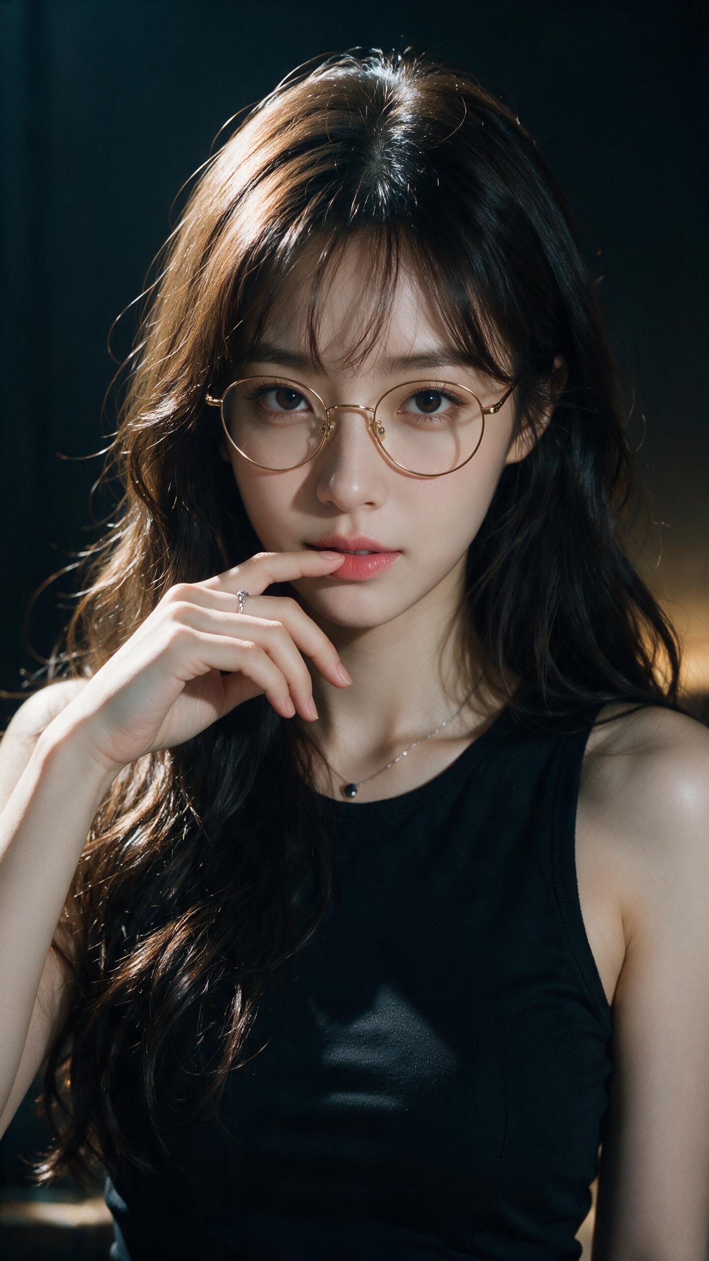 Close-up portrait of a young East Asian woman with fair skin, long wavy dark brown hair with wispy b — AI image prompt — Seedream 5