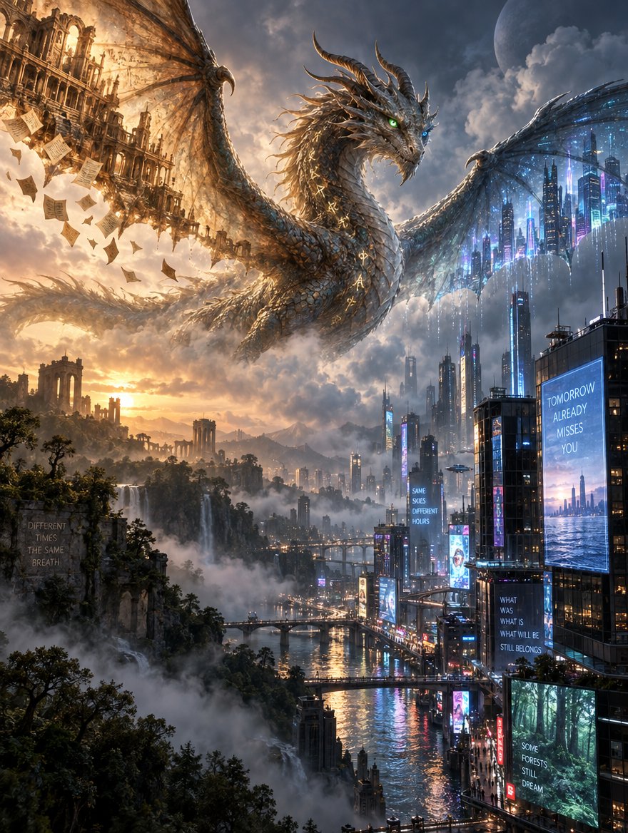 Where the Wing Remembers Both Shores

The dragon does not choose a century.
It is the century choosi — AI image prompt — Nano Banana