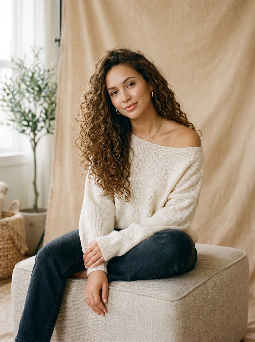 A woman with long, curly hair sits elegantly against a soft beige background. She wears a loose-fitt — AI image prompt — Nano Banana