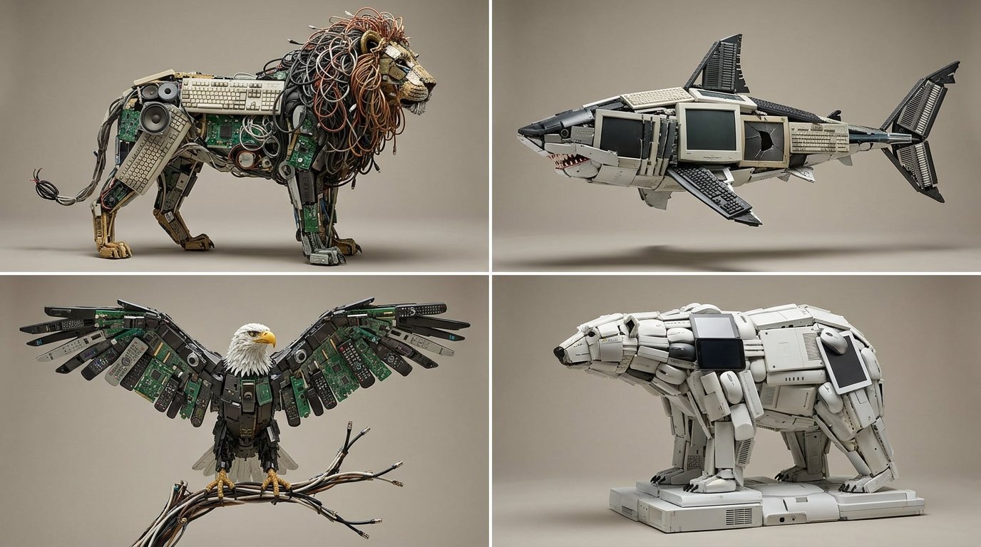 2x 2 grid, 16:9 do this for 4 animals that ruled their habitat made with their recycled electronics  — AI image prompt — Nano Banana