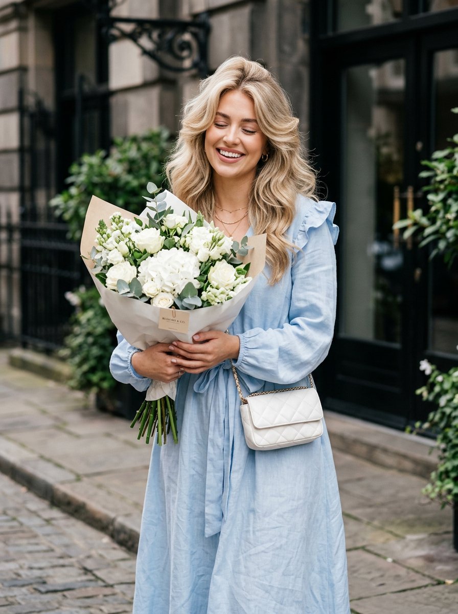 ultra-detailed lifestyle fashion portrait of a woman holding a bouquet outdoors. Camera angle: mediu — AI image prompt — Nano Banana