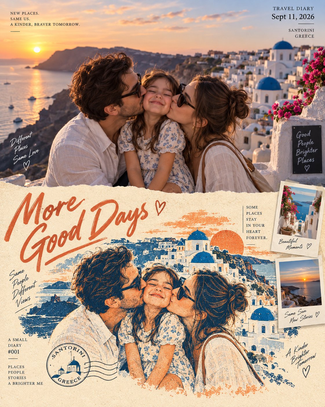 Santorini Family Travel Diary Poster — AI image prompt — GPT Image 2.5 — Poster, Cinematic, Realistic - 2
