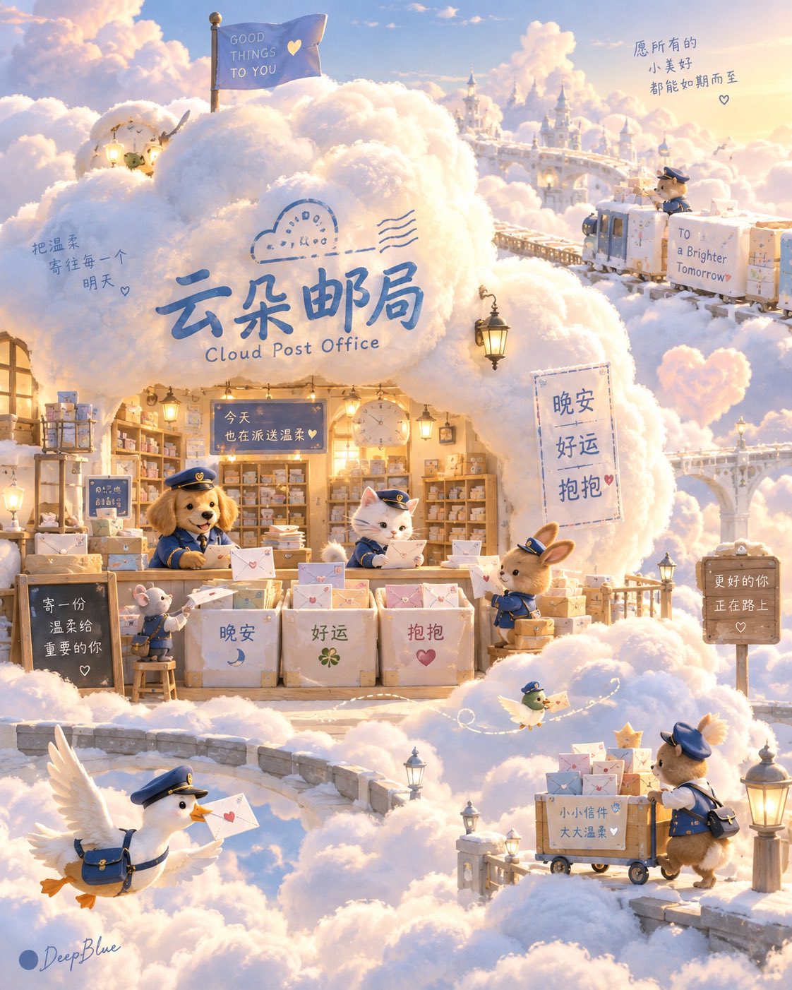 [Cloud Post Office]
Giant soft clouds turn into a post office, small animals in mini uniforms carefu — AI image prompt — GPT Image 2.5