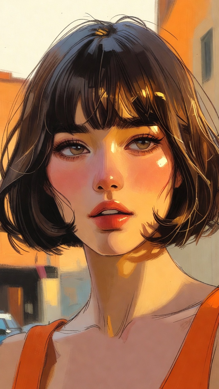 女性のイラスト肖像、色白の肌、前髪のあるすっきりとしたブルネットのボブヘア、顔に当たる暖かな夕日の光、目に見えるインクの線画と絵画的な色彩、柔らかなピンクの唇、オレンジのノースリーブトップス、ほつれた — AI image prompt — Grok Imagine 2