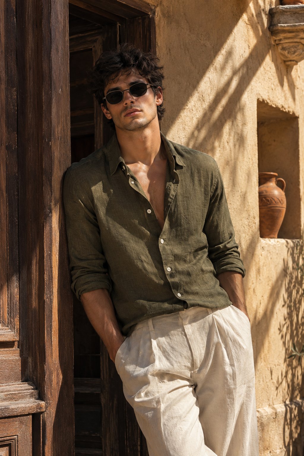 High-end fashion editorial photograph of a young man with tousled dark hair, light stubble, and dark — AI image prompt — FLUX 3