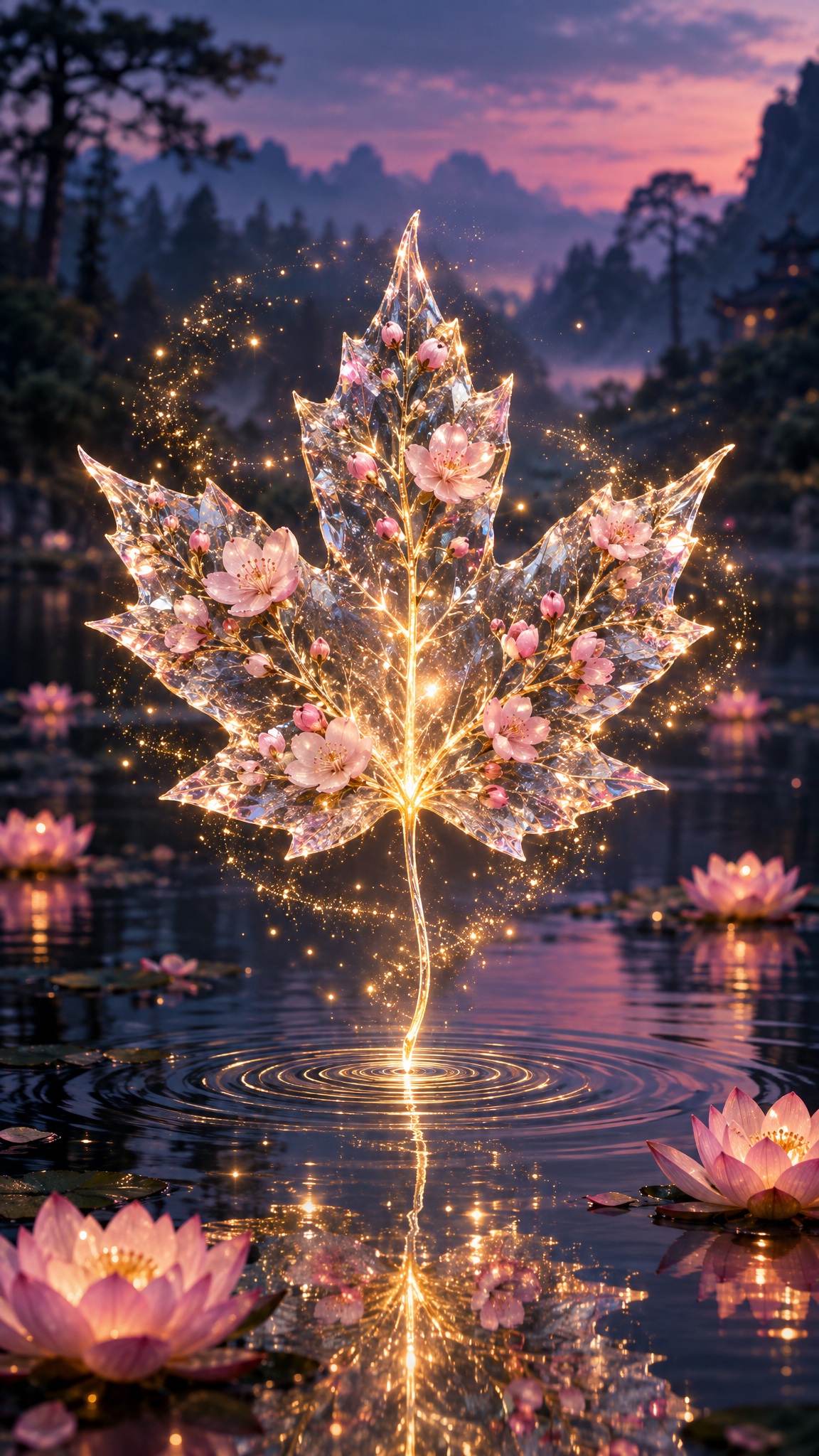 Glowing Maple Leaf Over Dark Water — AI image prompt — Nano Banana — Surreal, Digital Art, Ethereal - 2