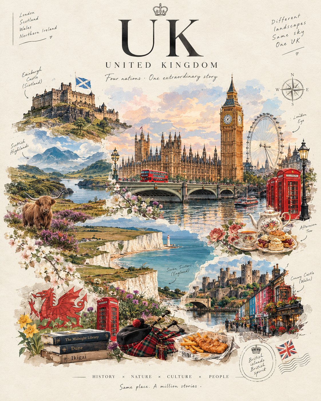 「[COUNTRY NAME] — A COUNTRY IN ONE DREAM」と題した、洗練された夢のようなエディトリアル誌の表紙を作成してください。
全体の構成は、従来の旅行ポスターではなく、詩 — AI image prompt — GPT Image 2.5